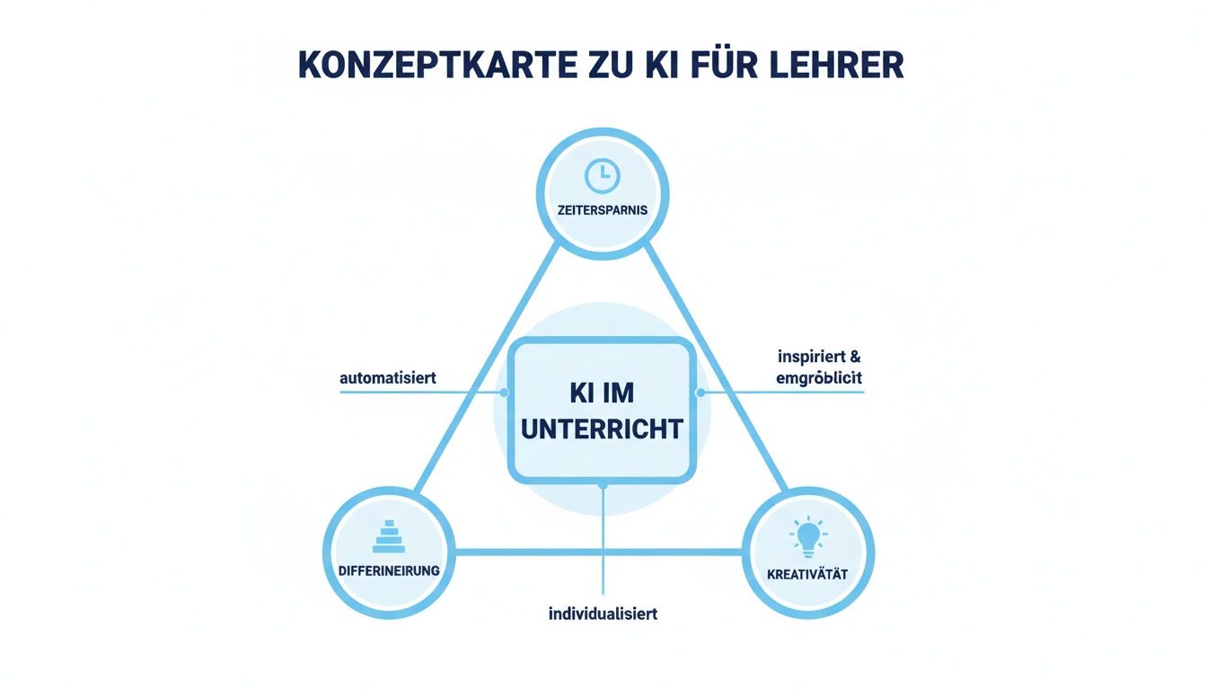 Konzeptkarte zu KI für Lehrer, die Zeiteinsparung, Differenzierung und Kreativität im Unterricht durch KI zeigt.
