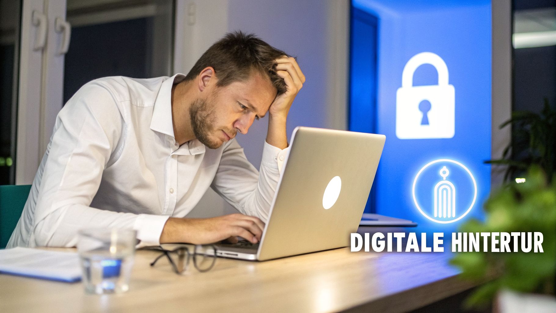 Ein gestresster Mann arbeitet am Laptop, während im Hintergrund Symbole für digitale Sicherheit und der Text „DIGITALE HINTERTUR“ leuchten.