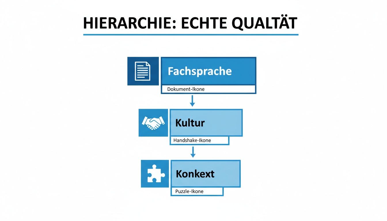 Hierarchisches Diagramm über echte Qualität mit Fachsprache, Kultur und Kontext als Schlüsselelemente.