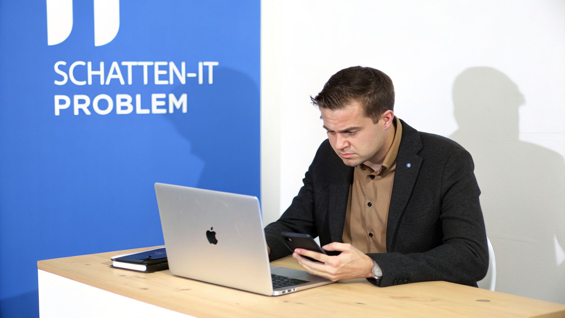 Mann sitzt konzentriert am Schreibtisch mit Laptop und Smartphone vor einem blauen Banner: 'Schatten-IT Problem'.