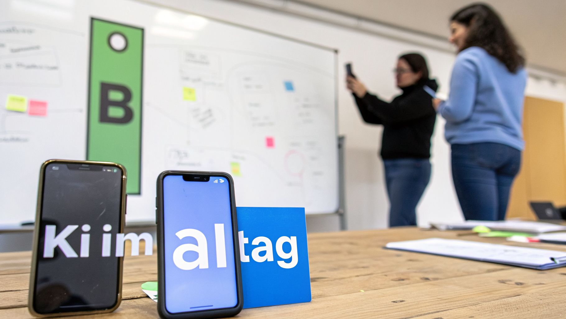 Zwei Smartphones im Vordergrund zeigen "KI im Alltag". Im Hintergrund arbeiten zwei Frauen an einem Whiteboard.