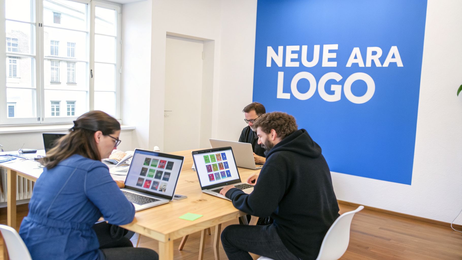 Drei Personen arbeiten konzentriert an Laptops an einem Holztisch in einem modernen Büro mit blauem Wandlogo.