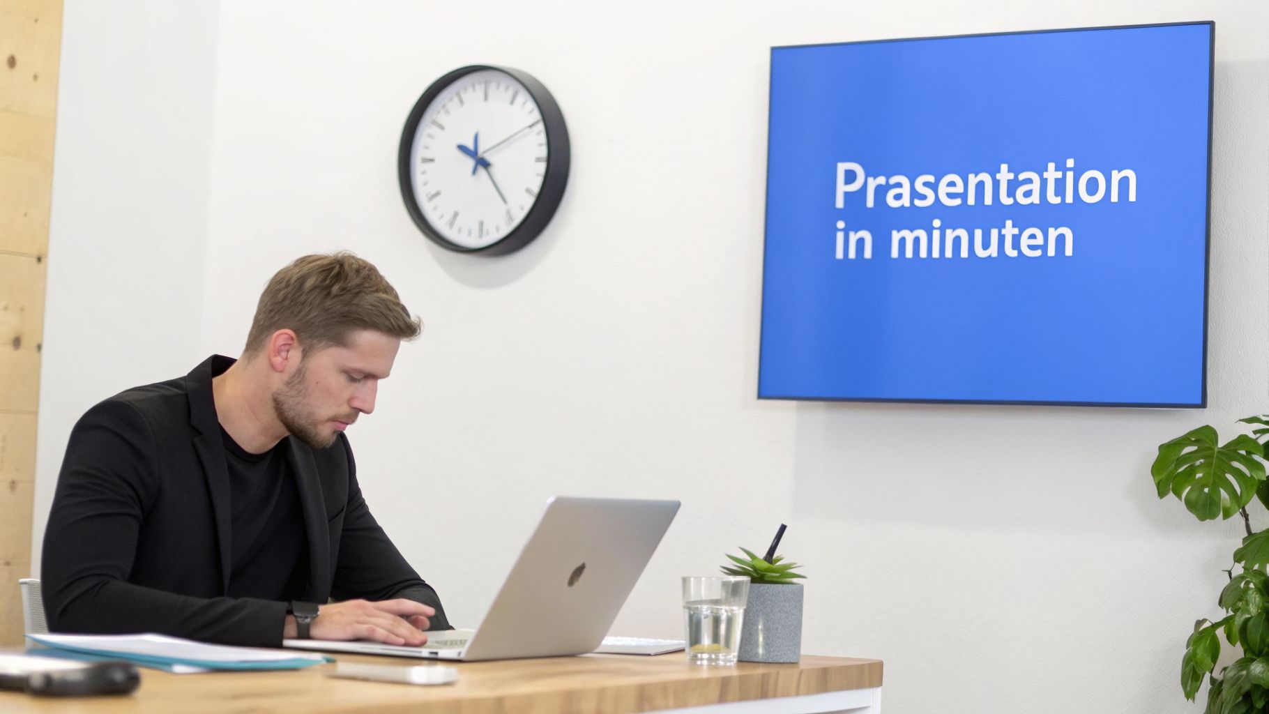 Ein Mann arbeitet konzentriert an seinem Laptop, während eine Uhr und ein Bildschirm mit "Präsentation in Minuten" an der Wand hängen.