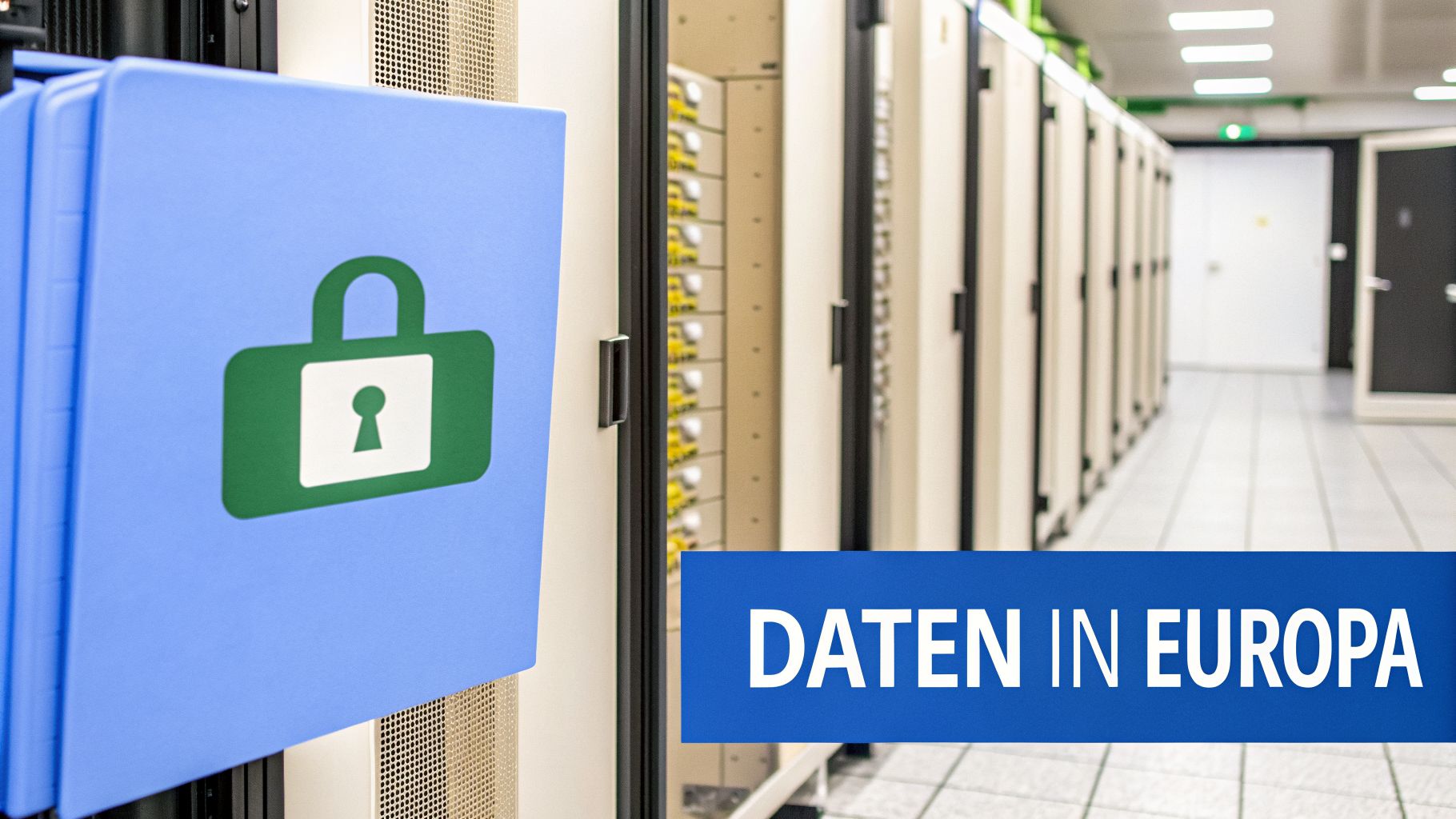 Gang in einem Rechenzentrum mit Serverschränken, einem Schloss-Symbol und dem Text 'DATEN IN EUROPA'.
