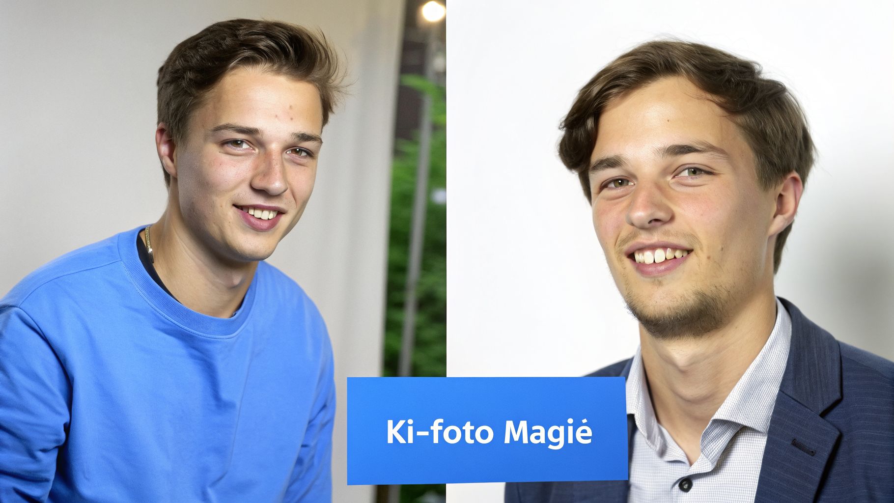 Zwei lächelnde Porträts eines jungen Mannes, einmal im blauen Sweatshirt, einmal im Anzug mit Bart, als KI-Foto-Vergleich.