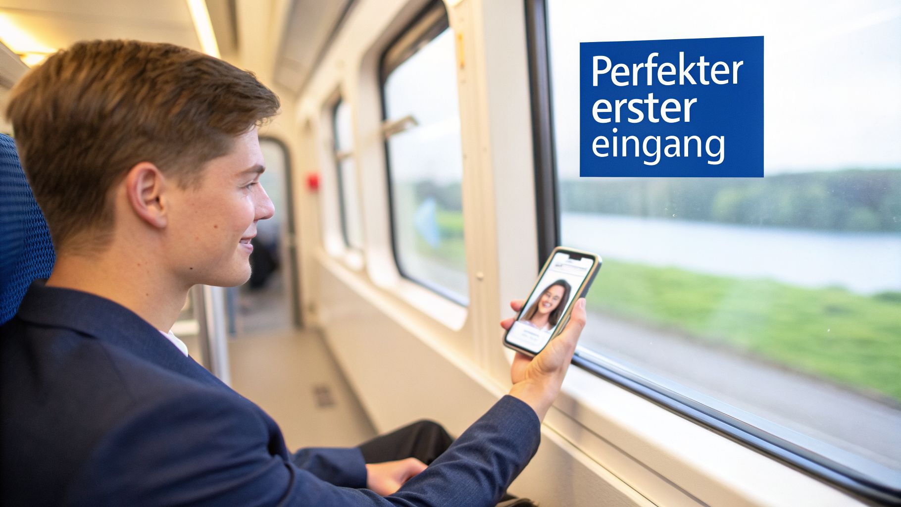 Junger Mann im Zug prüft lächelnd ein digitales Profil auf seinem Smartphone für einen perfekten ersten Eindruck.