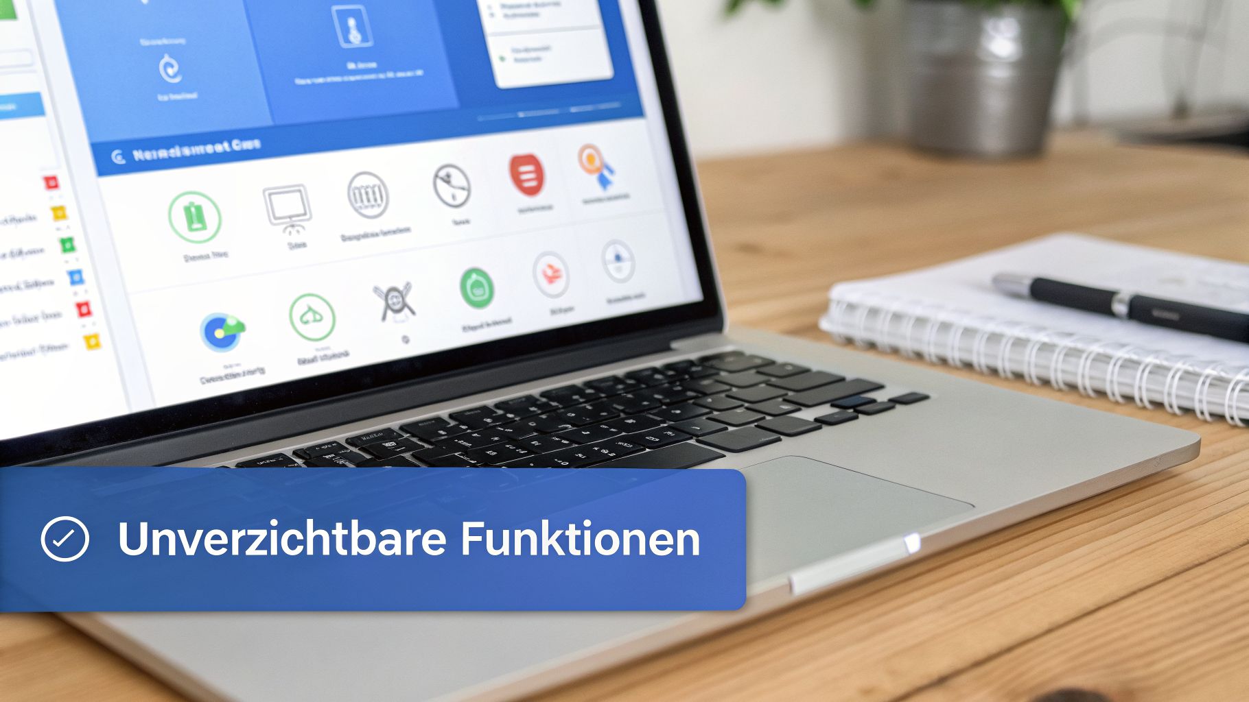 Laptop auf Holztisch zeigt Software mit 'Unverzichtbare Funktionen', daneben Notizbuch und Stift.
