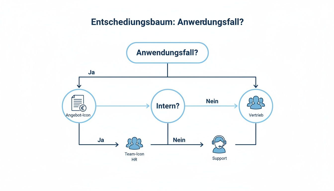 Entscheidungsbaum zur Bearbeitung eines Anwendungsfalls, mit Optionen für Angebot, intern, Vertrieb, HR und Support.
