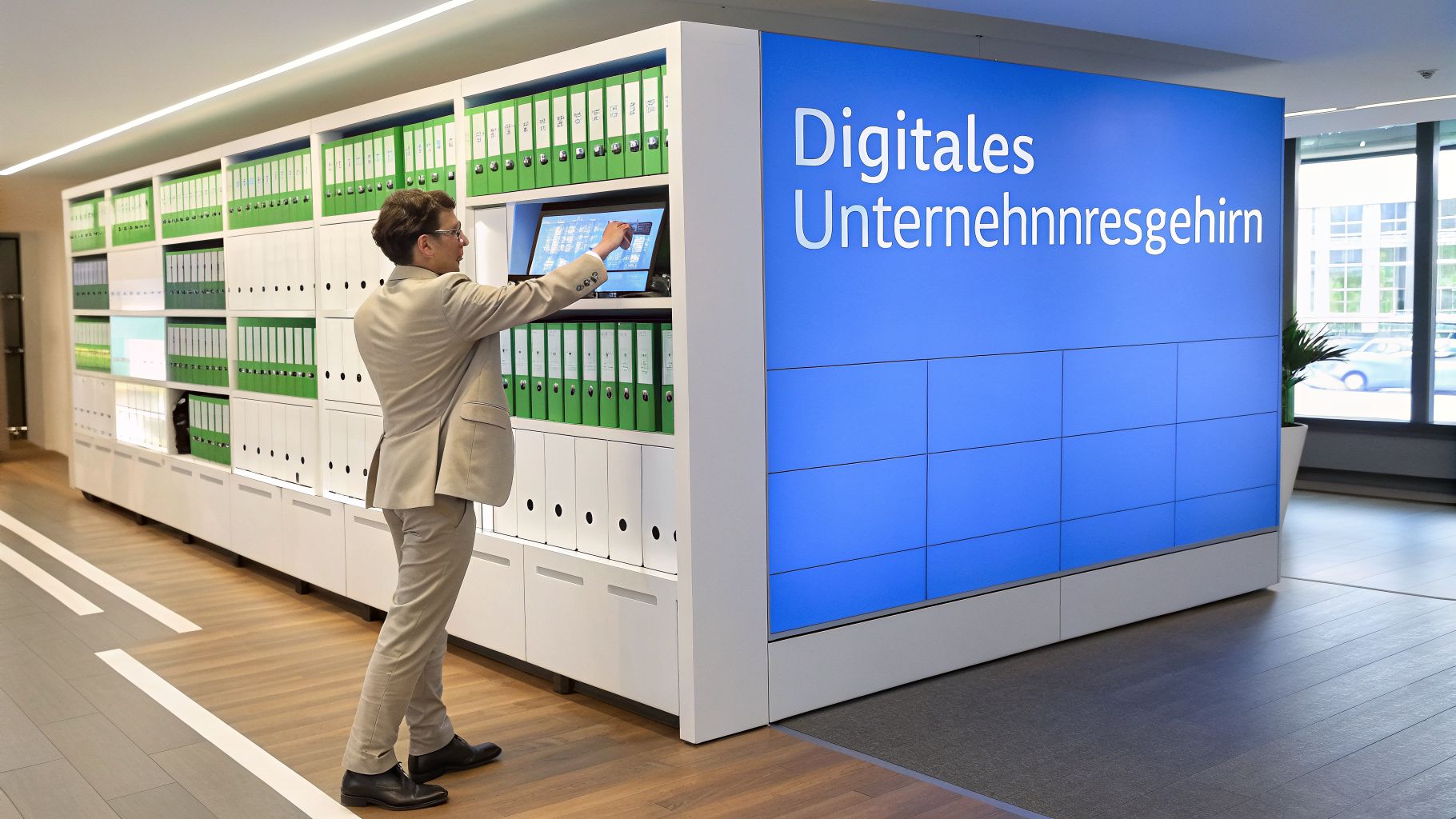 Mann interagiert mit Touchscreen an einem Regal voller Ordner neben einem großen digitalen Display.
