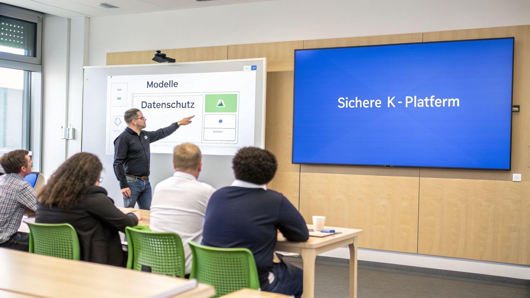 Ein Dozent präsentiert vor einer Gruppe von Mitarbeitern Konzepte zu Datenschutz und einer sicheren K-Plattform.