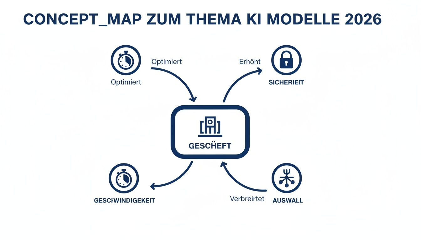 Konzeptkarte zu KI Modellen 2026, die Geschäftsbereiche wie Optimierung, Sicherheit, Geschwindigkeit und Auswahl beeinflussen.