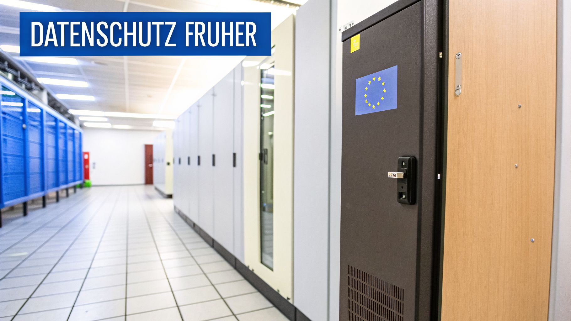 Serverraum mit Reihen von Racks, einem EU-Flaggen-Aufkleber und dem Text "DATENSCHUTZ FRÜHER".
