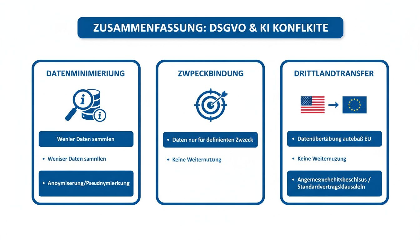Infografik zu DSGVO- und KI-Konflikten, die Datenminimierung, Zweckbindung und Drittlandtransfer mit Kernmaßnahmen zusammenfasst.