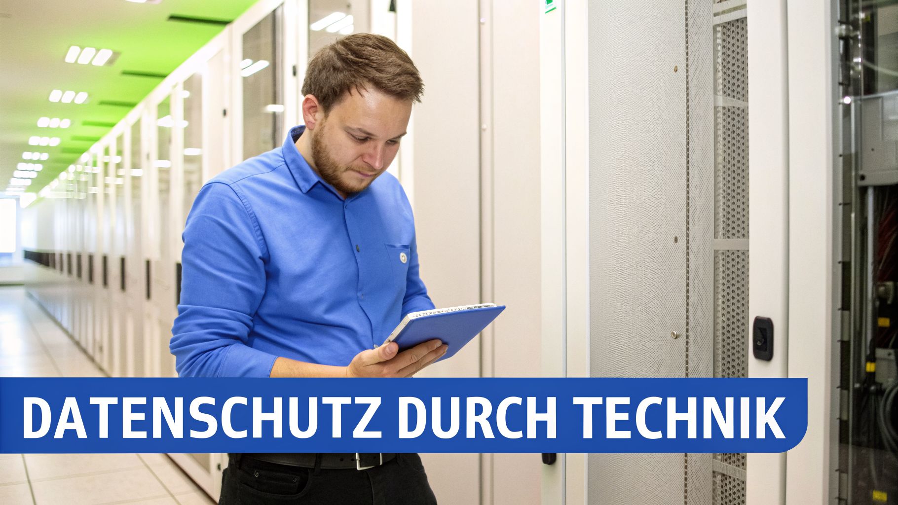 Mann in blauem Hemd prüft Daten auf einem Tablet in einem Serverraum, mit Text 'DATENSCHUTZ DURCH TECHNIK'.