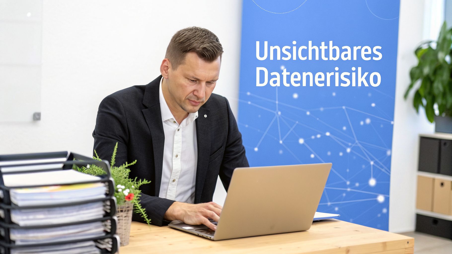 Ein Mann im Anzug arbeitet konzentriert an einem Laptop. Im Hintergrund ist ein blauer Banner mit dem Text „Unsichtbares Datenerisiko“ zu sehen.