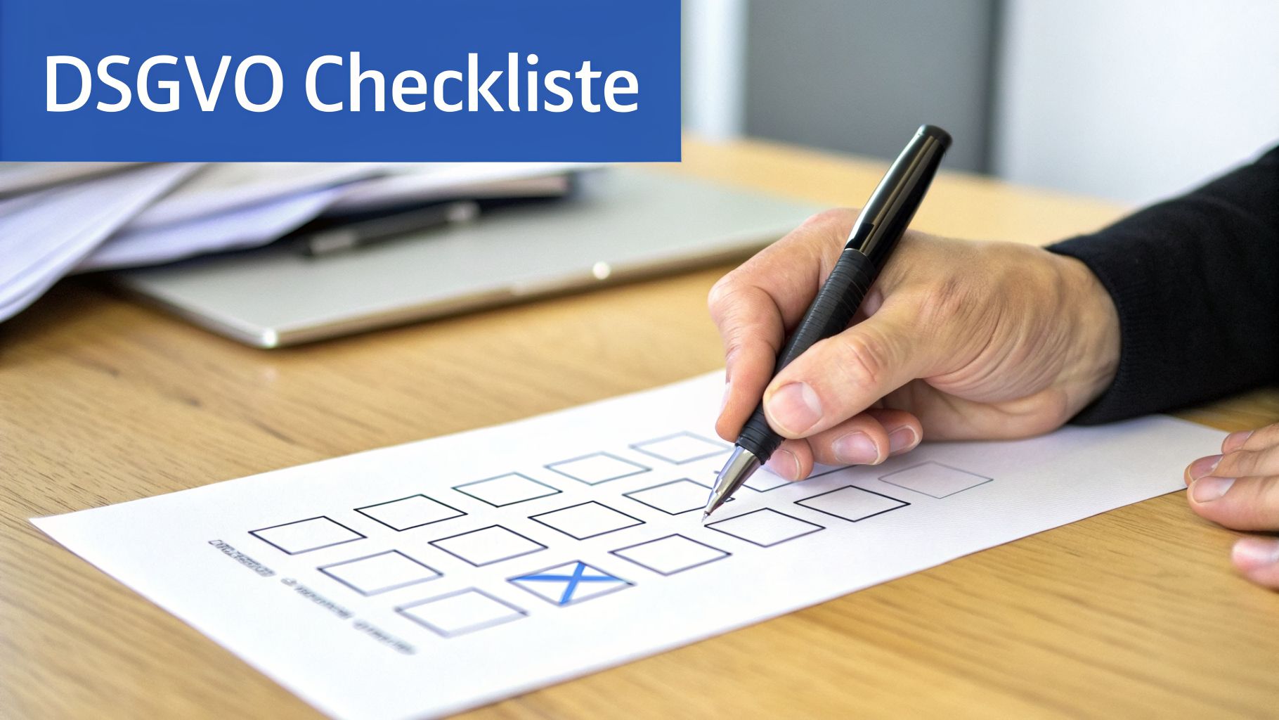 Eine Hand füllt eine DSGVO-Checkliste mit einem Stift aus und markiert ein Kästchen auf dem Formular.