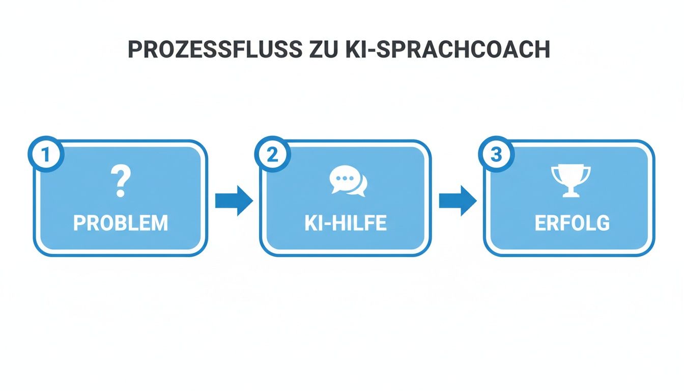 Prozessflussdiagramm für den KI-Sprachcoach, das die Schritte Problem, KI-Hilfe und Erfolg darstellt.