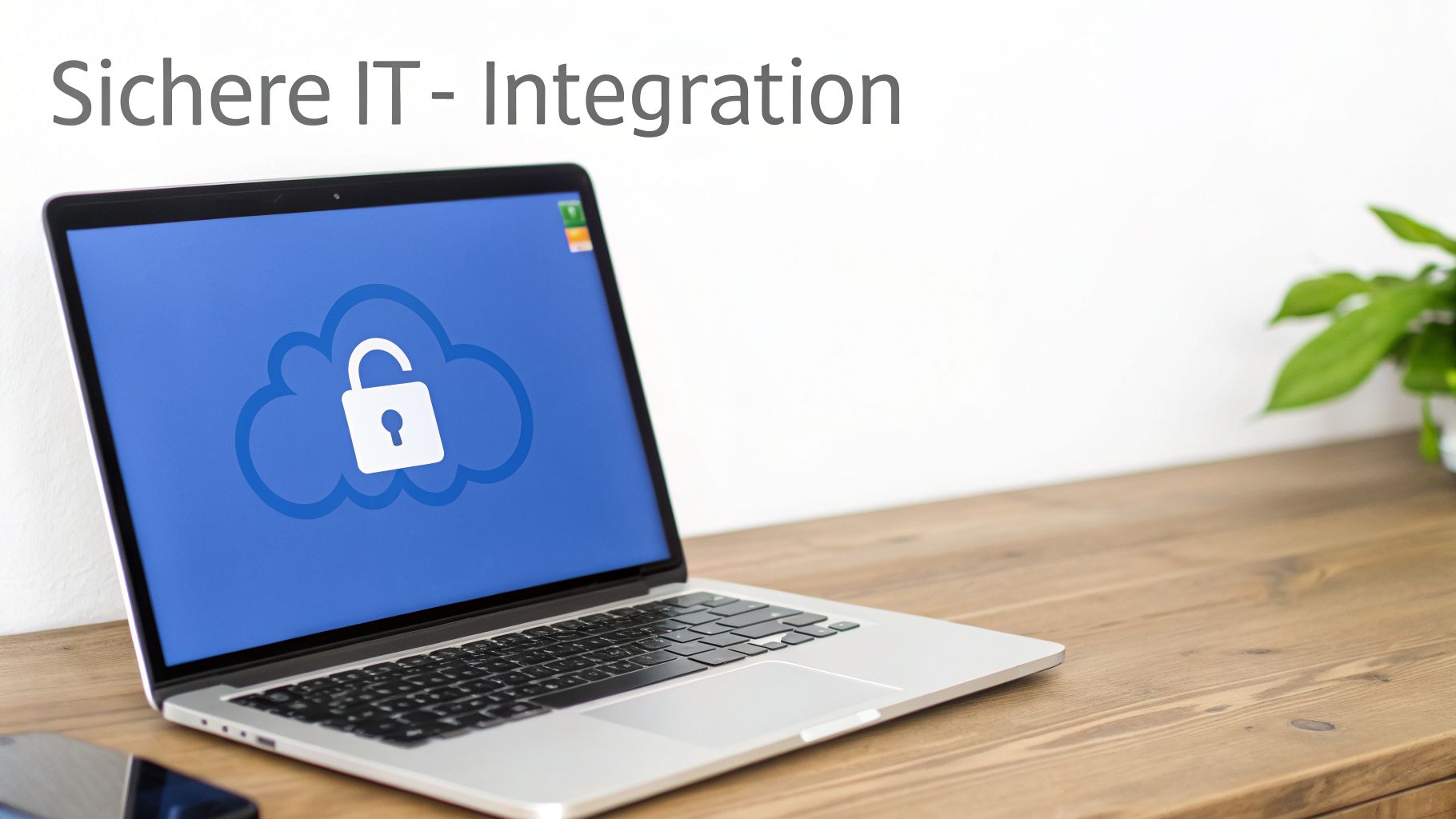 Laptop auf Holzschreibtisch mit Cloud- und offenem Schloss-Symbol auf dem Bildschirm, daneben der Text 'Sichere IT - Integration'.