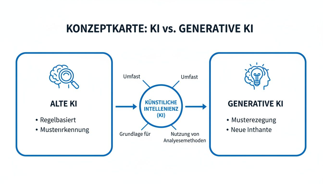 Eine Konzeptkarte, die traditionelle und generative KI vergleicht, deren Merkmale und Beziehung zur künstlichen Intelligenz darstellt.