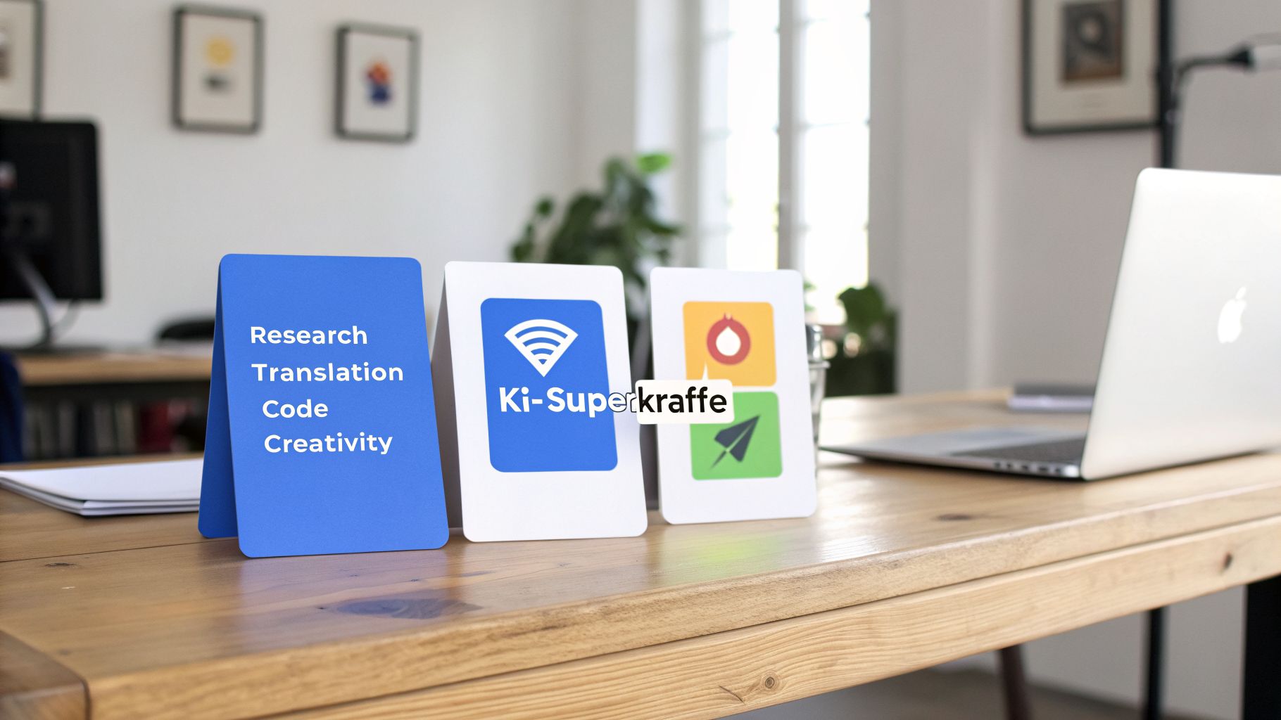 Drei Karten auf einem Holztisch, die KI-Funktionen und Kreativität symbolisieren, daneben ein Laptop in einem Büroraum.