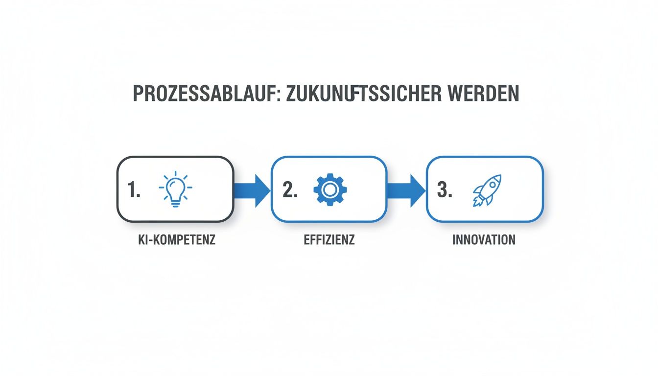 Ein dreistufiger Prozess: KI-Kompetenz führt zu Effizienz und Innovation für mehr Zukunftssicherheit.