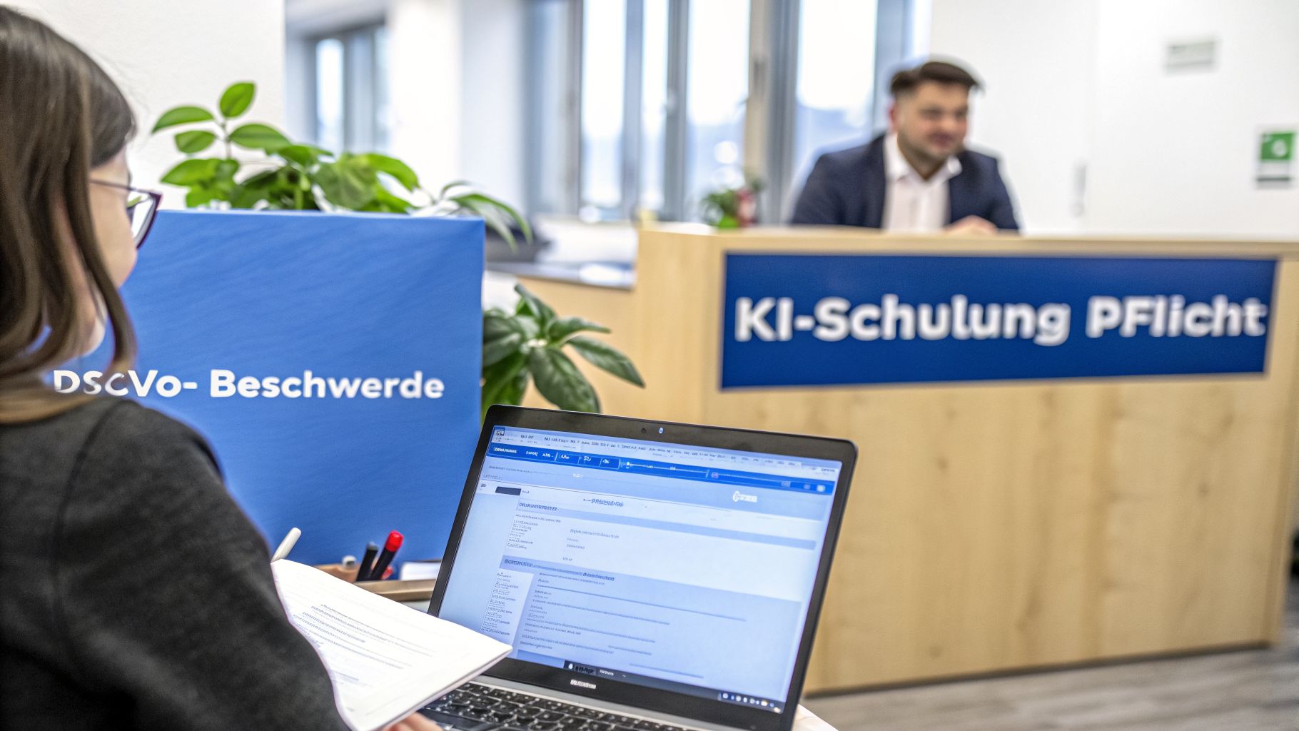 Eine Person arbeitet an einem Laptop vor Schildern mit den Aufschriften 'DSGVO-Beschwerde' und 'KI-Schulung Pflicht'.