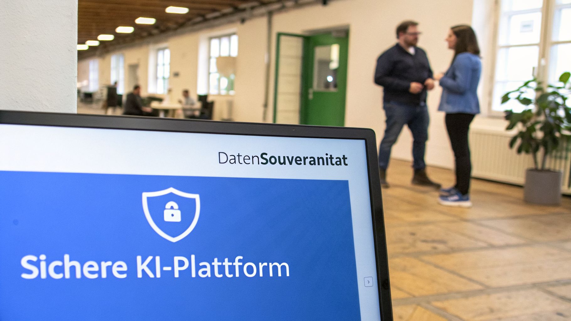 Ein Laptop-Bildschirm zeigt die Begriffe 'Datensouveränität' und 'Sichere KI-Plattform' mit einem Schlosssymbol, während zwei Personen im Hintergrund sprechen.