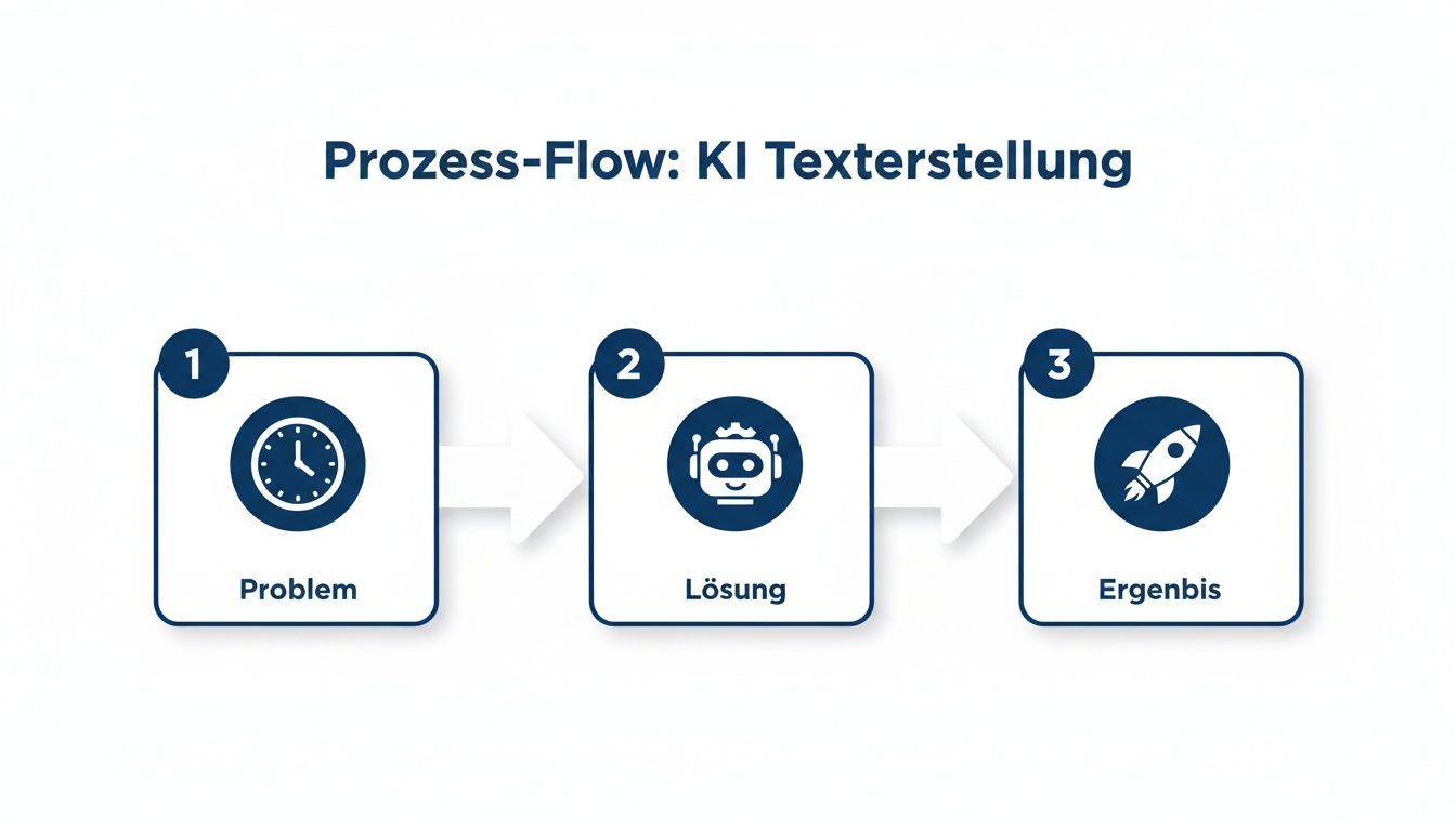 Prozess-Flow für KI Texterstellung: Problem (Uhr), Lösung (Roboter), Ergebnis (Rakete) visualisiert.