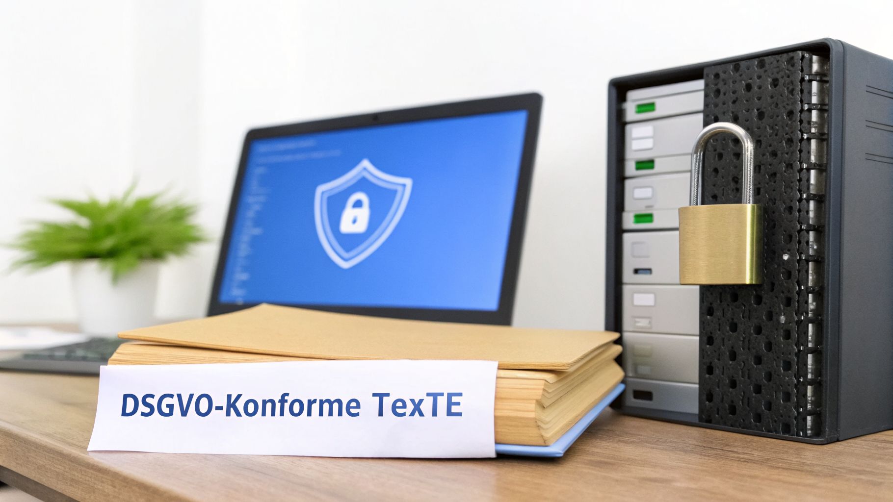 Laptop mit Sicherheitssymbol, DSGVO-konforme Texte auf Büchern und ein mit Vorhängeschloss gesicherter Server.