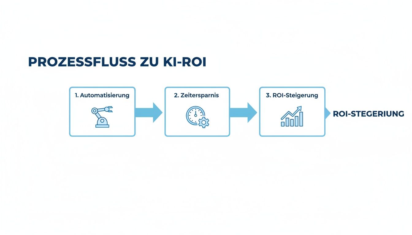 Grafik zeigt den Prozess von Automatisierung über Zeitersparnis zur Steigerung des KI-ROI.