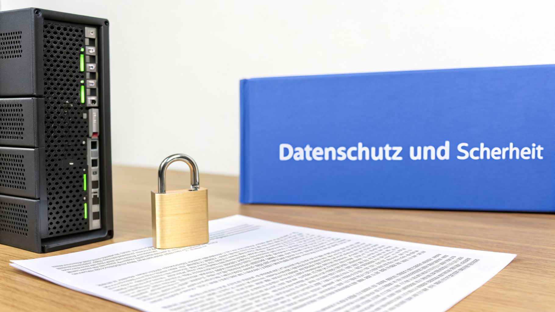Server, Vorhängeschloss, Dokument und Ordner mit "Datenschutz und Sicherheit" symbolisieren IT-Sicherheit und Datenprivatsphäre.