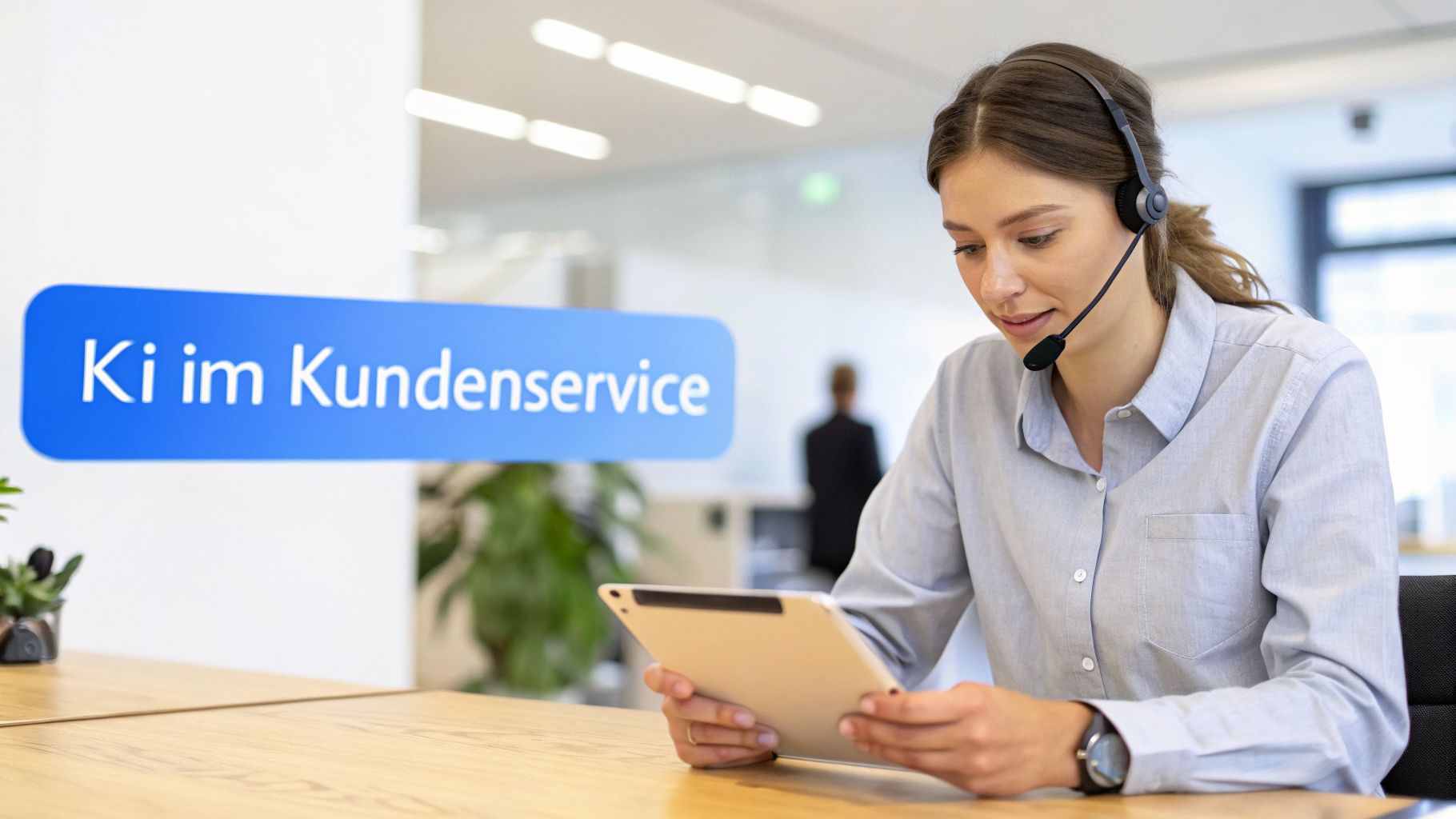Junge Frau mit Headset und Tablet arbeitet im Kundenservice. Im Hintergrund ist der Text 'Ki im Kundenservice' zu sehen.