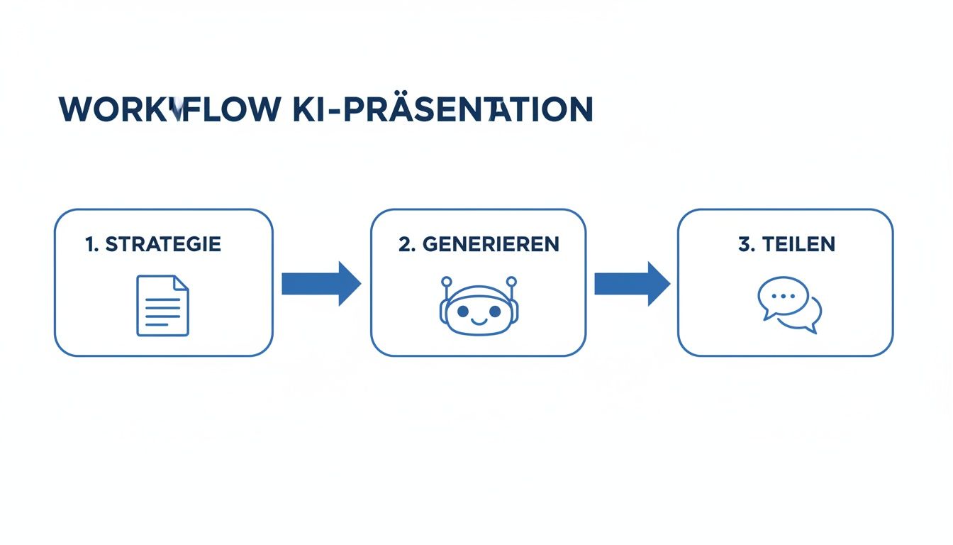 Ein Workflow-Diagramm für KI-Präsentationen, das die Schritte Strategie, Generieren und Teilen darstellt.