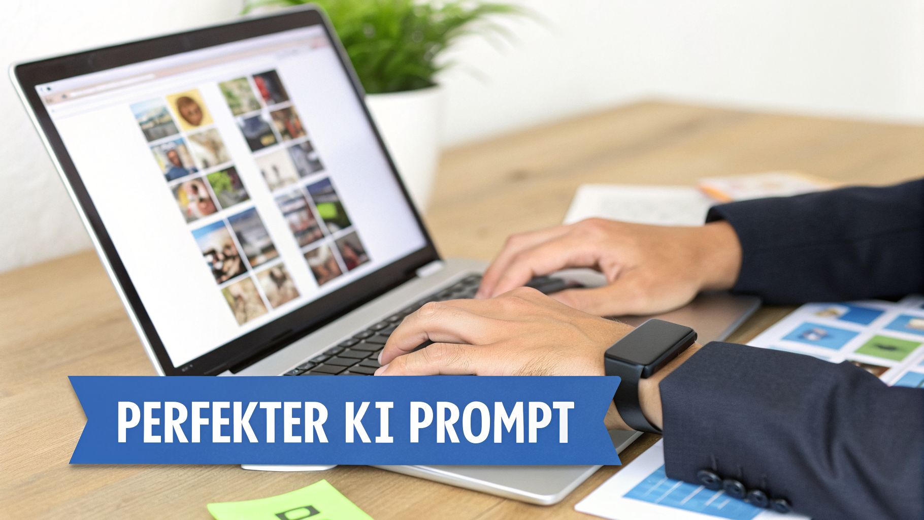Eine Person tippt auf einem Laptop, dessen Bildschirm viele Bilder zeigt. Ein blaues Banner mit „PERFEKTER KI PROMPT“ ist sichtbar.