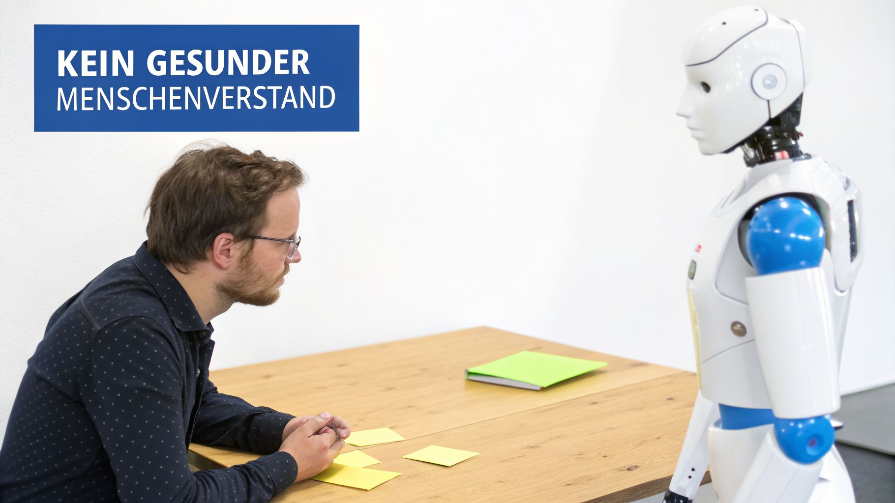 Ein Mann und ein Roboter sitzen sich an einem Tisch gegenüber, über ihnen der Text "Kein gesunder Menschenverstand".