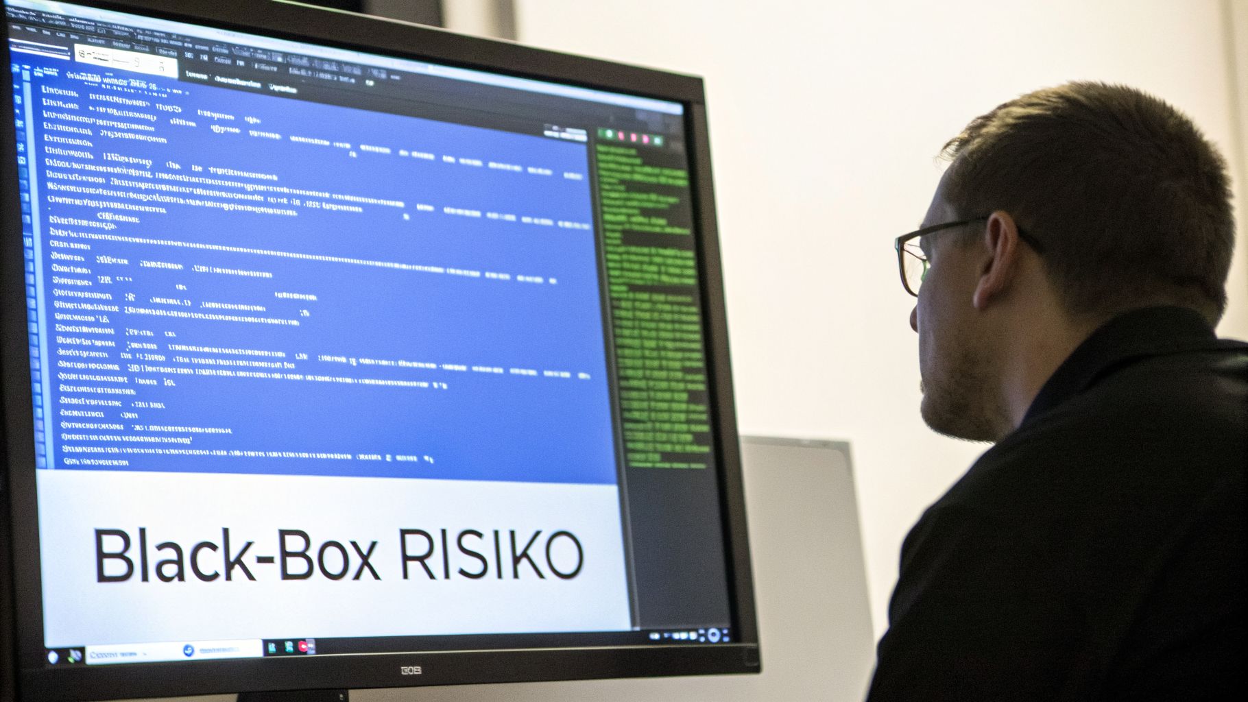 Ein Mann mit Brille schaut auf einen Computermonitor mit Code und der Aufschrift "Black-Box RISIKO".