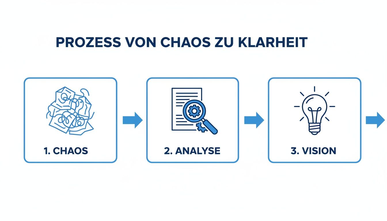 Infografik: Prozess von Chaos zu Klarheit in drei Schritten, dargestellt durch Symbole für Chaos, Analyse und Vision.