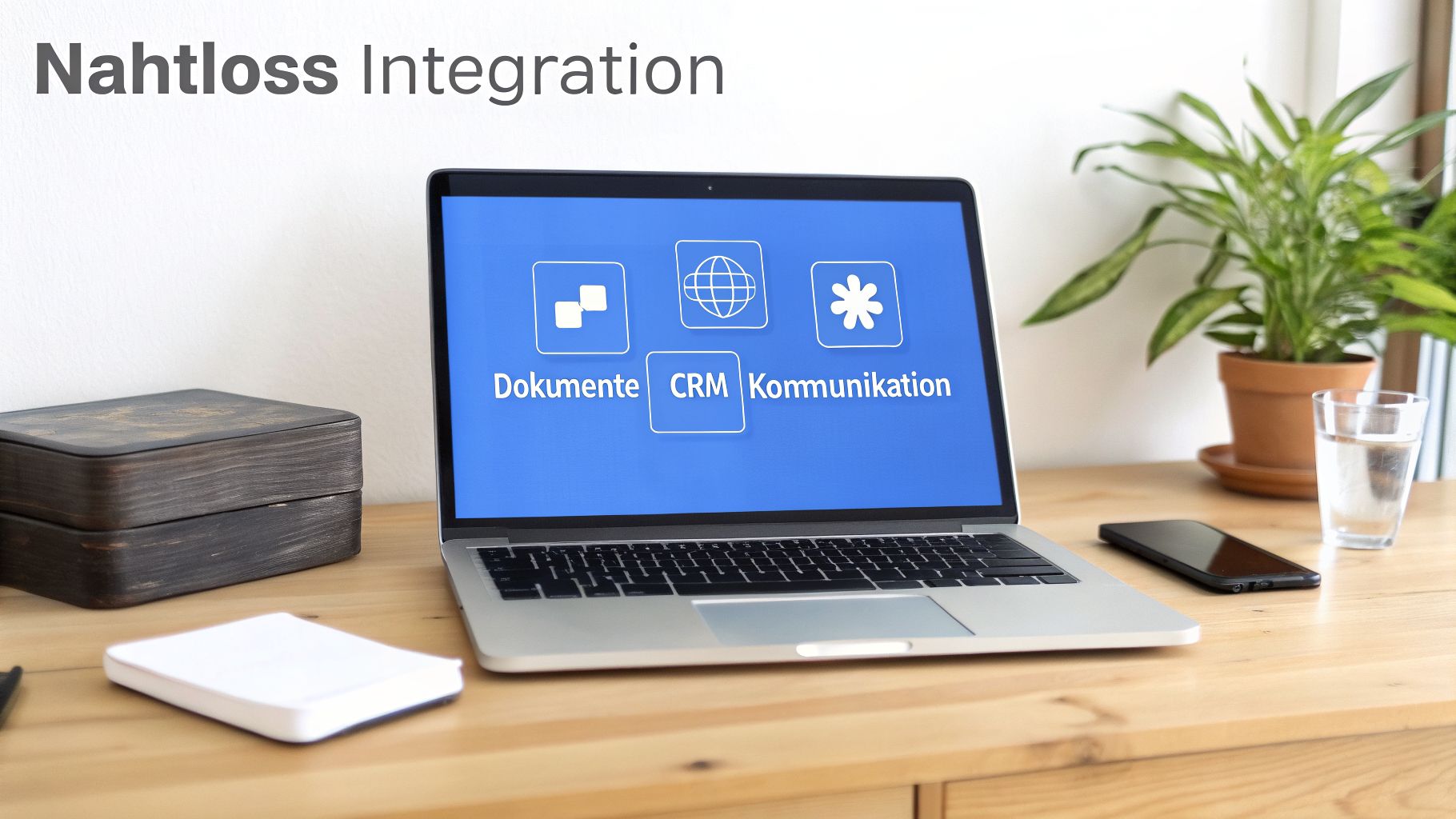 Laptop auf Holztisch zeigt Bildschirm mit Icons für Dokumente, CRM und Kommunikation für nahtlose Integration.