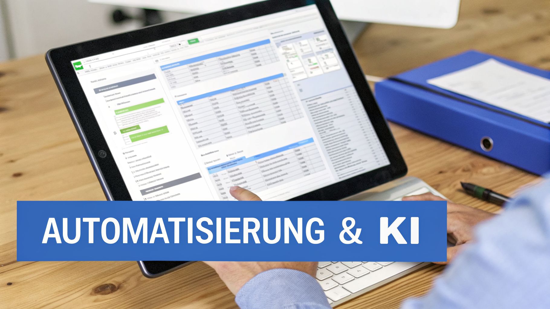 Eine Person tippt auf einem Tablet, das eine Dokumentenmanagement-Software mit Automatisierung und KI-Funktionen zeigt.
