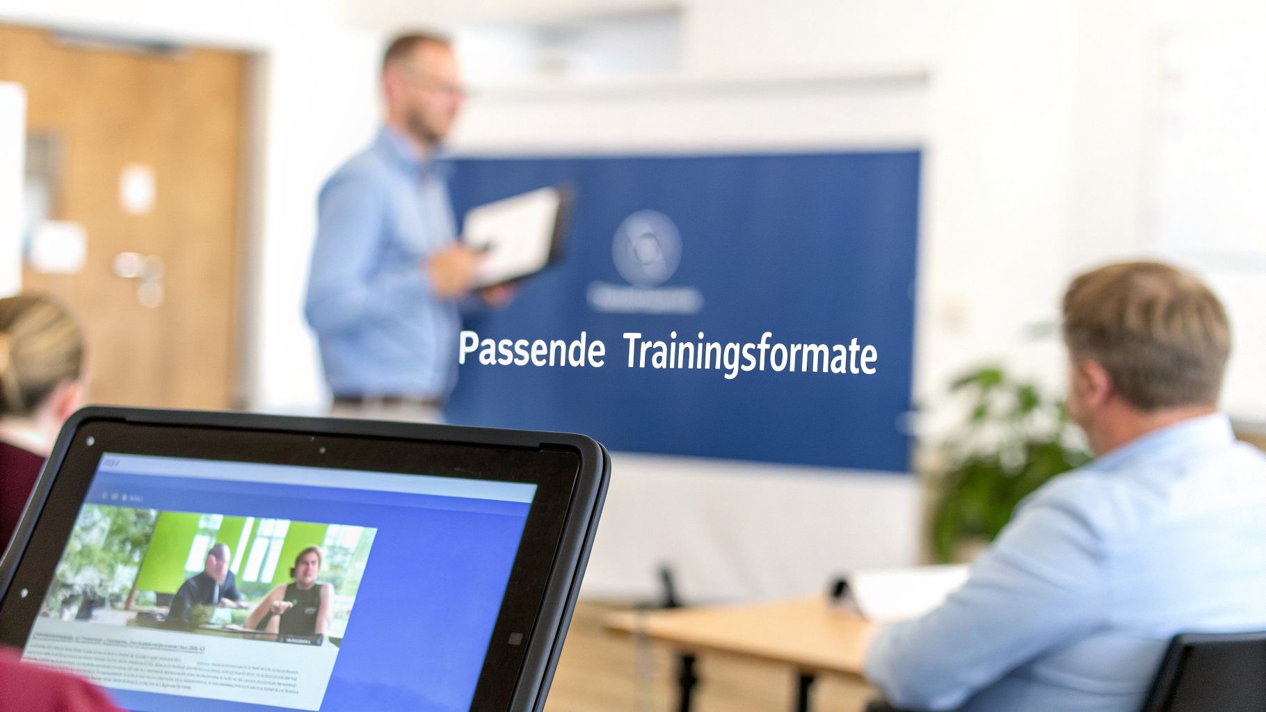 Trainer spricht vor Präsentation 'Passende Trainingsformate' in einem Seminarraum. Teilnehmer verfolgen das Geschehen, einer nutzt ein Tablet.