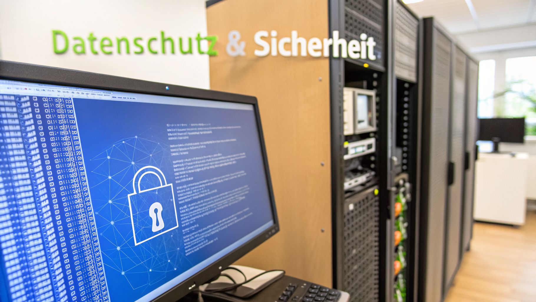 Computer-Monitor mit blauem Sicherheitssymbol vor Server-Racks und dem Schriftzug 'Datenschutz & Sicherheit'.