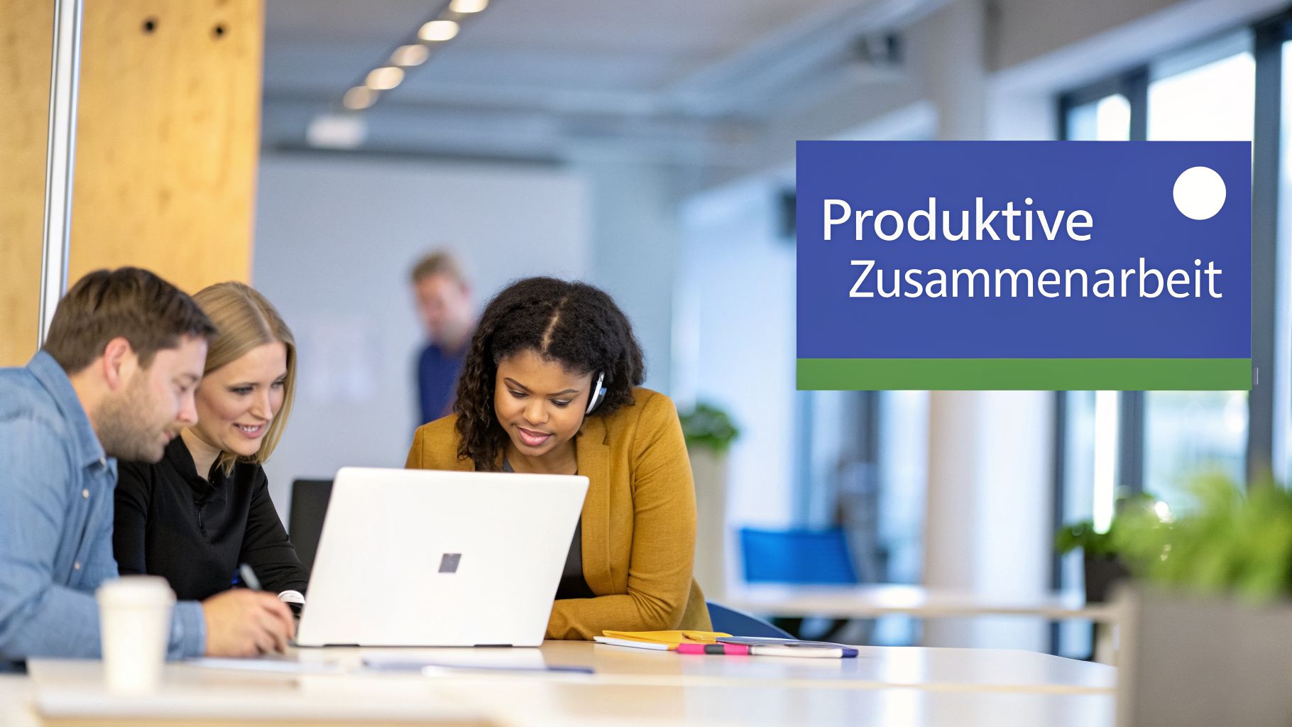 Drei diverse Personen arbeiten konzentriert an einem Laptop in einem modernen Büro. Die Überschrift lautet "Produktive Zusammenarbeit".