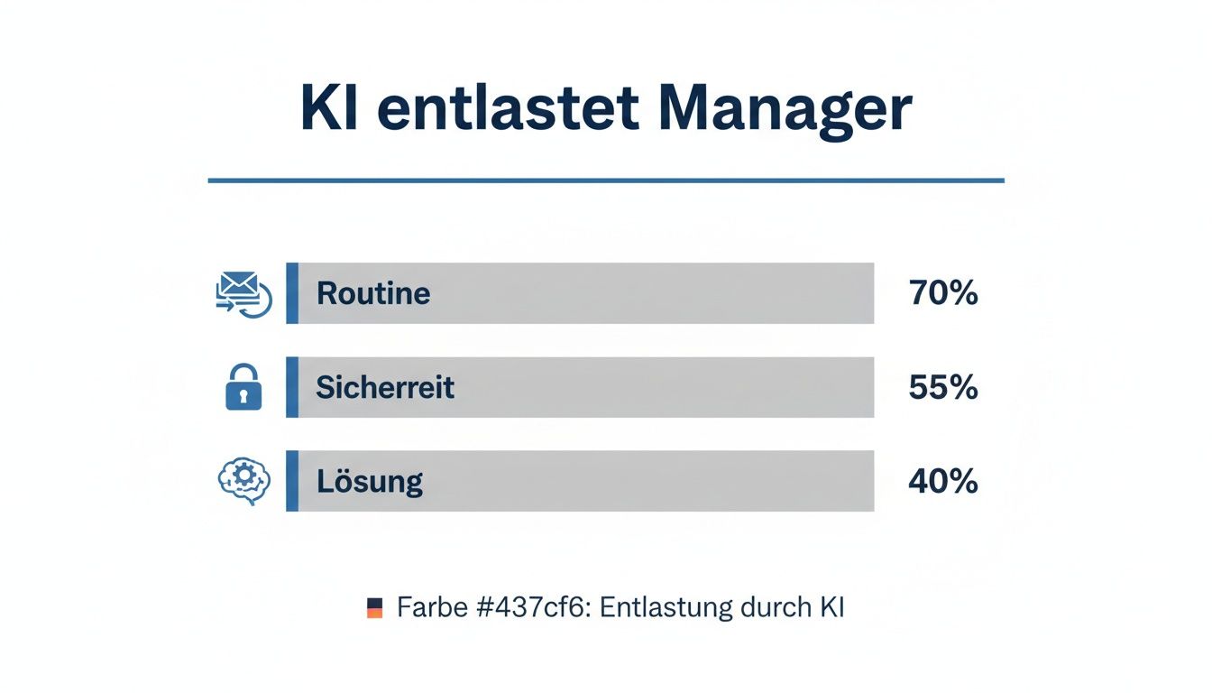 Balkendiagramm zeigt, wie KI Manager in Routine (70%), Sicherheit (55%) und Lösungsfindung (40%) entlastet.