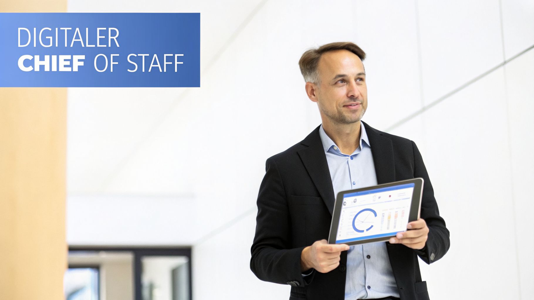 Ein lächelnder Mann im Anzug präsentiert ein Tablet mit Geschäftsdaten und dem Text "Digitaler Chief of Staff".