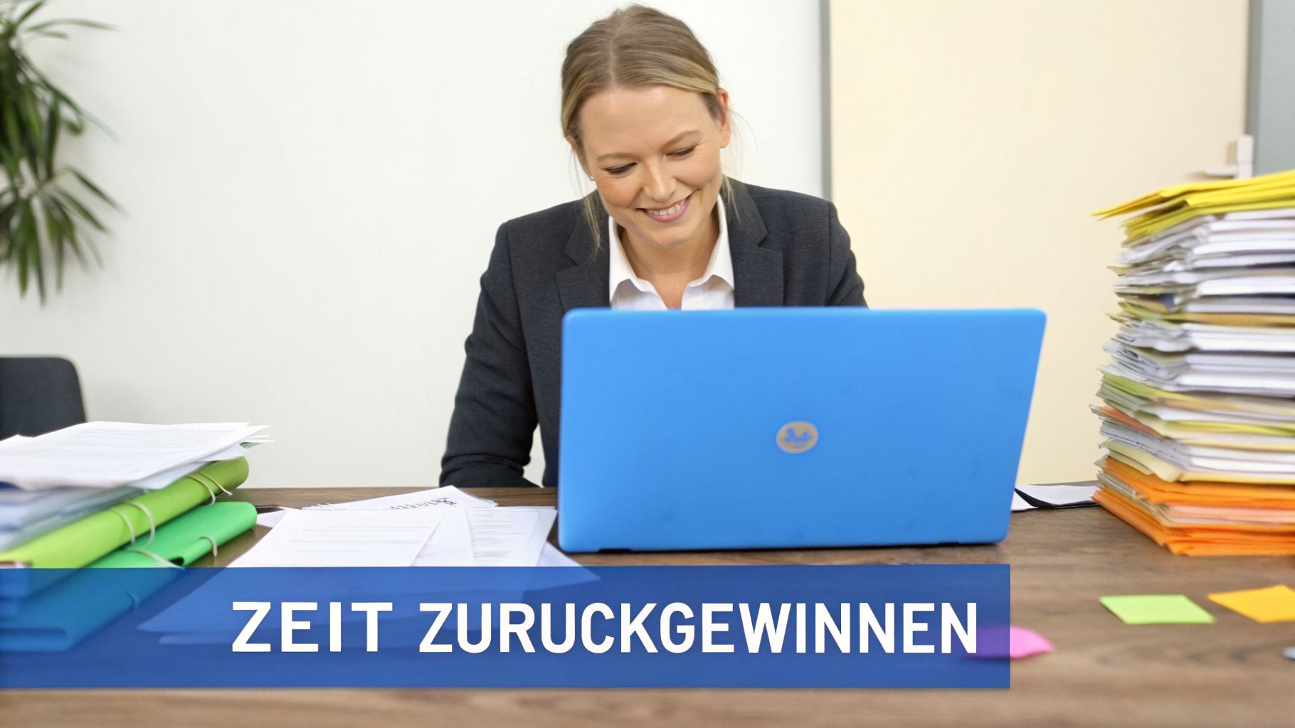 Lachende Geschäftsfrau arbeitet effizient am blauen Laptop inmitten vieler Aktenstapel und gewinnt Zeit zurück.
