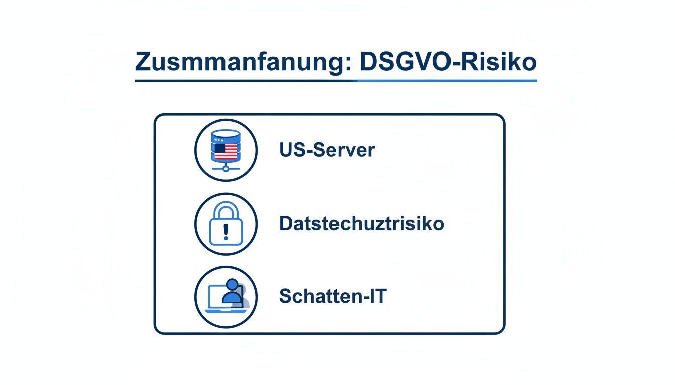 Zusammenfassung der DSGVO-Risiken, dargestellt mit Symbolen für US-Server, Datenschutzrisiko und Schatten-IT.