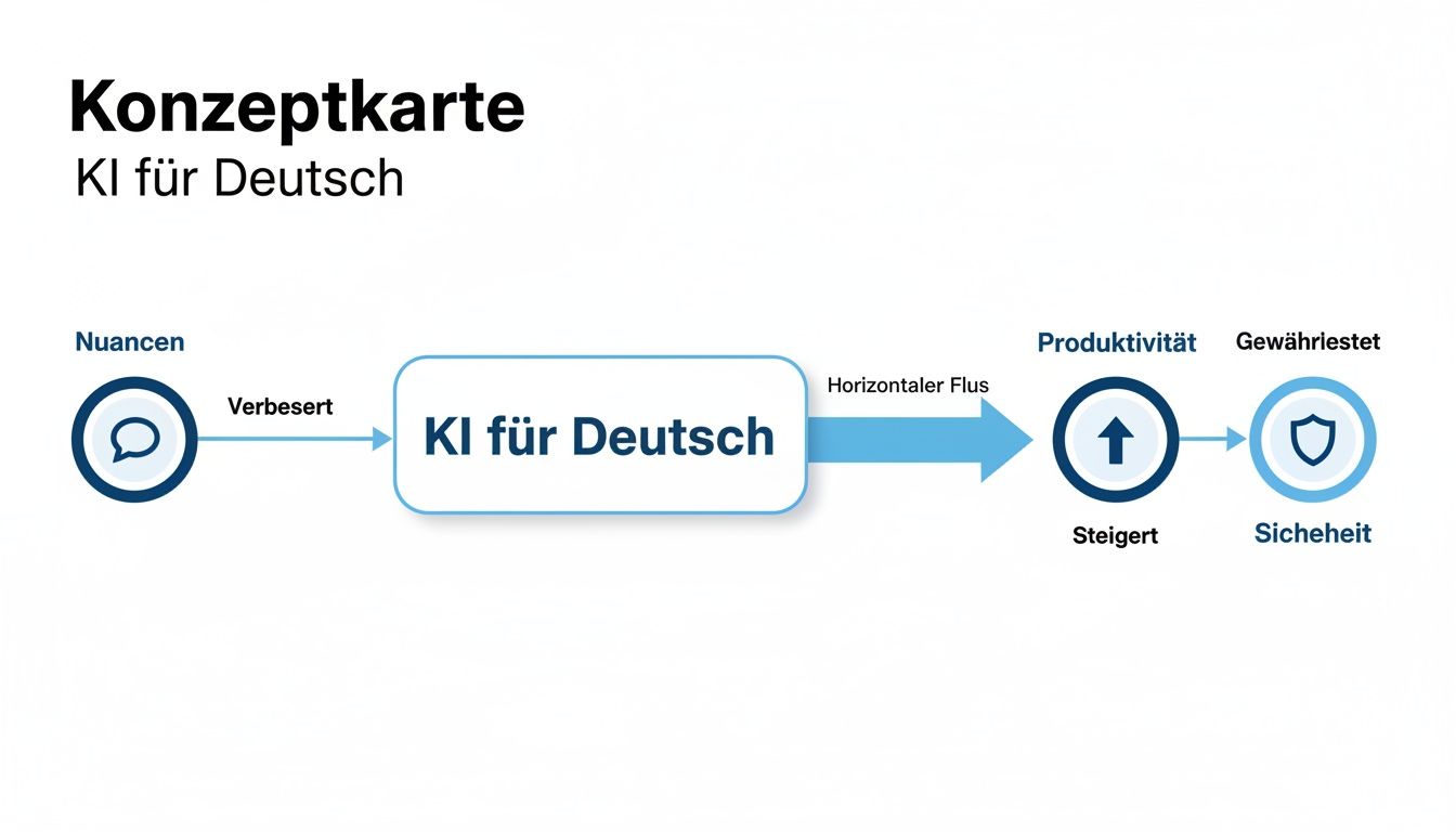 Konzeptkarte zeigt, wie KI für Deutsch Nuancen verbessert, Produktivität steigert und Sicherheit gewährleistet.