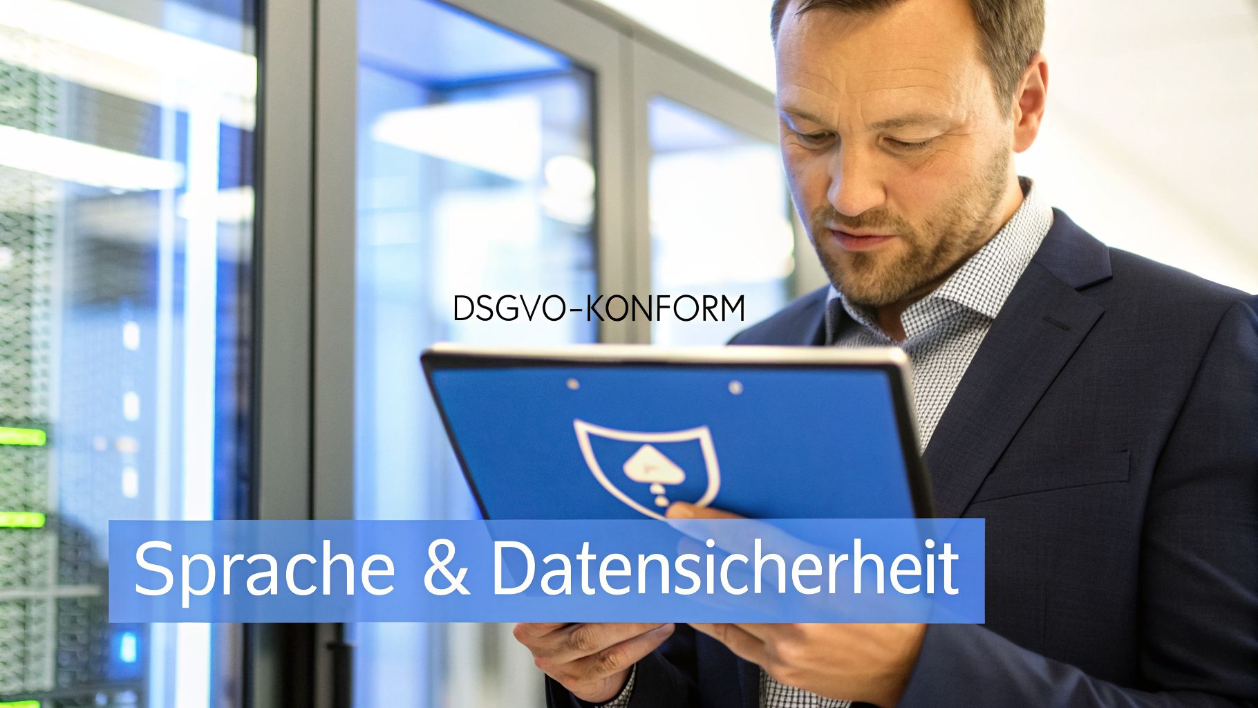 Mann im Anzug in einem Serverraum, der auf ein blaues Klemmbrett mit der Aufschrift „DSGVO-KONFORM“ und „Sprache & Datensicherheit“ blickt.