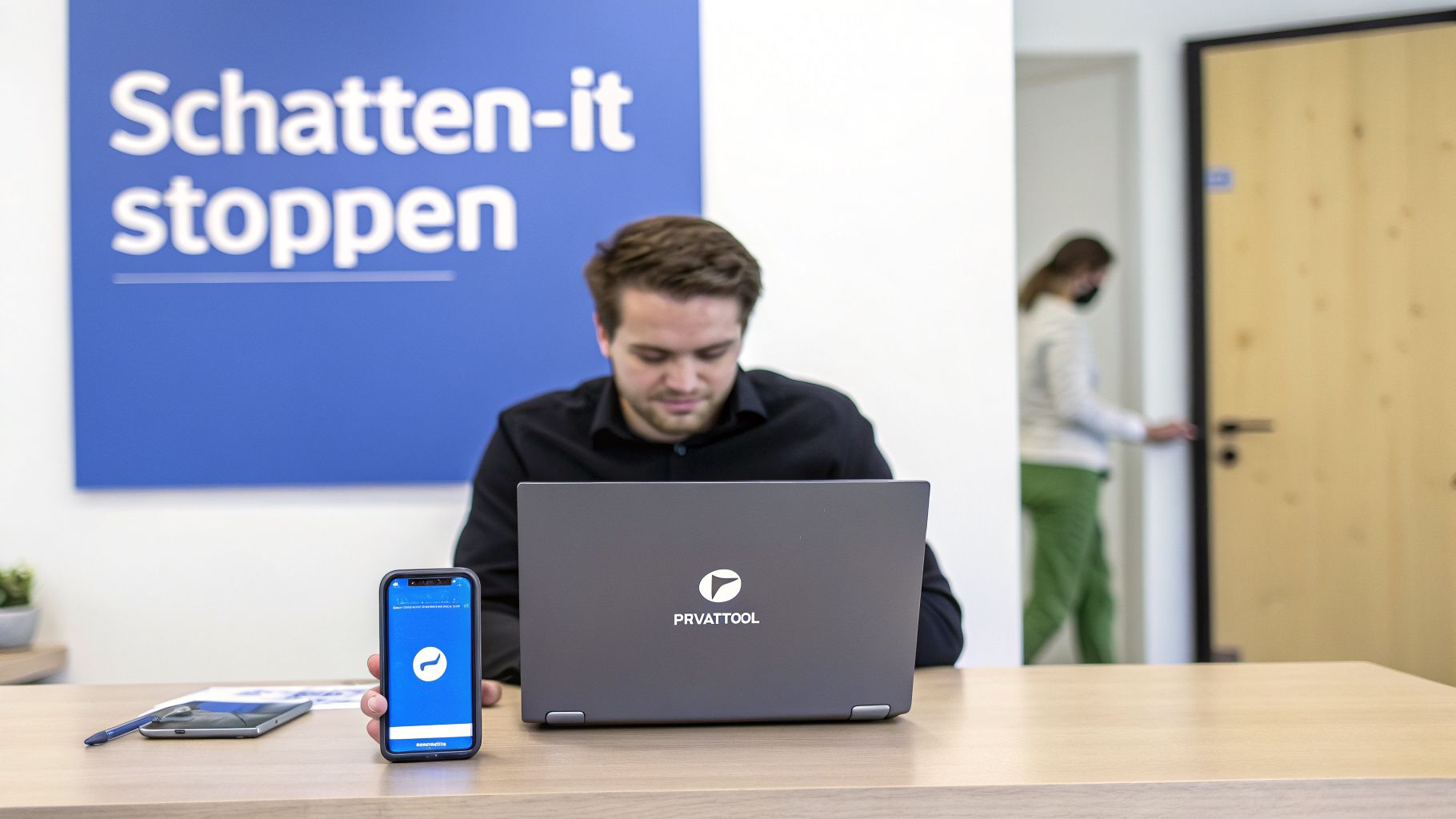 Ein Mann arbeitet konzentriert am Laptop in einem modernen Büro, daneben ein Smartphone mit App. Im Hintergrund ein blaues Schild.