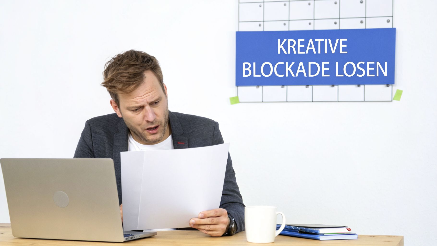 Ein Mann blickt besorgt auf Papiere am Schreibtisch, hinter ihm steht "Kreative Blockade lösen".